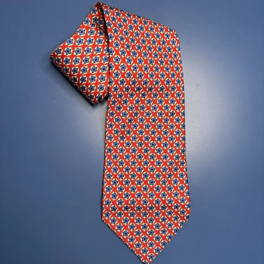 Banana Republic Italy 100% Silk Necktie Red Blue Floral Geometric Classic Office